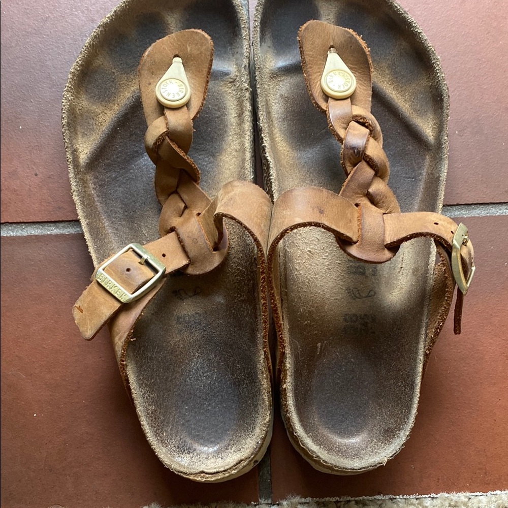 Birkenstock Brown Leather Sandals with Gold Buckles